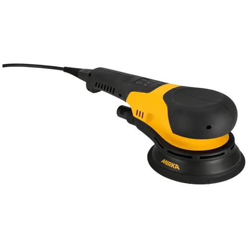 A black and yellow electric random orbital sander with a power lead attached, placed on a white background.
