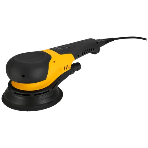 A black and yellow electric random orbital sander with a power lead on a white background.