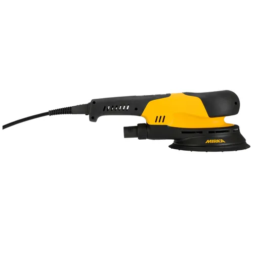 A yellow and black handheld electric sander, shown in a side view with a power lead and a round sanding disc.