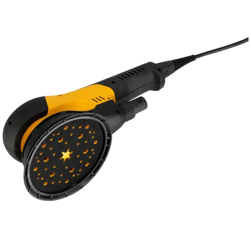 A black and yellow electric random orbital sander with a circular sanding pad, shown on a white background, plugged in with a power lead attached.