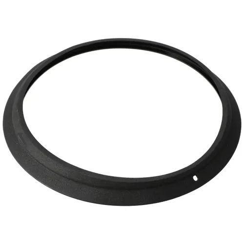 A black circular rubber or plastic ring with a small hole on one side, viewed against a white background.