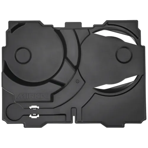 Black plastic tool organiser tray with various circular and rectangular compartments, designed to securely hold specific parts or tools. The tray has an industrial appearance and precise moulded sections for organisation.