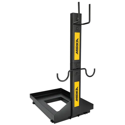 Black and yellow sanding tool holder with hooks and a base, designed to organise tools upright.