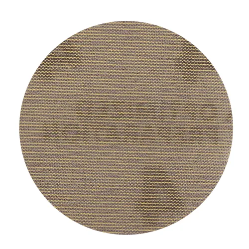 A round rug with a brown base, decorated with wavy horizontal stripes in beige and light brown, creating a understated striped effect reminiscent of a smoothly finished surface.