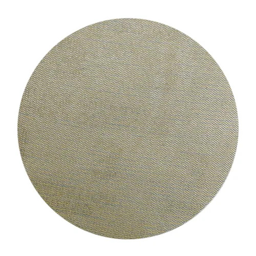 A round piece of fine metal mesh with a tightly woven grid pattern, viewed from above against a white background.