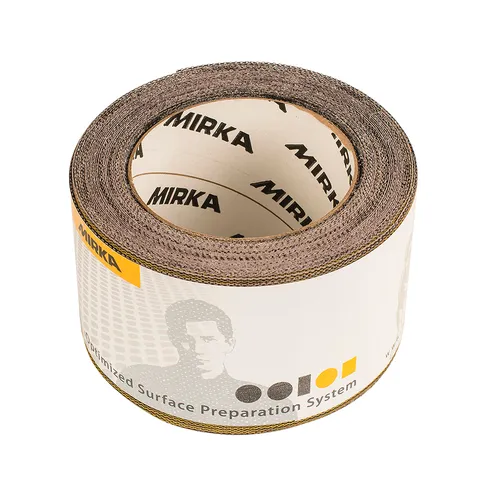 A roll of Mirka sandpaper with branded packaging, featuring the company logo, product details, and an illustration of a person on the label.