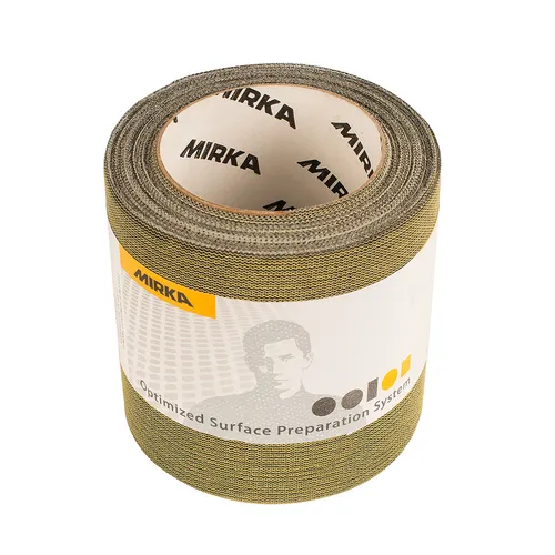 A roll of Mirka sandpaper mesh with branded packaging, featuring a greyscale image of a person’s face on the label.