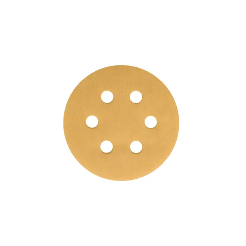 A round, tan sanding disc featuring six evenly spaced holes in a circular arrangement set against a plain white background.