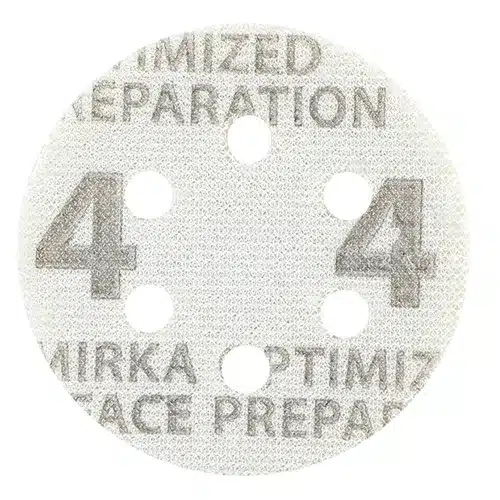 A round, white sanding disc with eight holes and the number 4 printed twice.