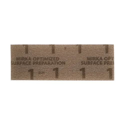 A rectangular brown sanding sheet with black markings on its surface.