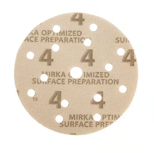 A round, beige sandpaper disc with multiple holes.