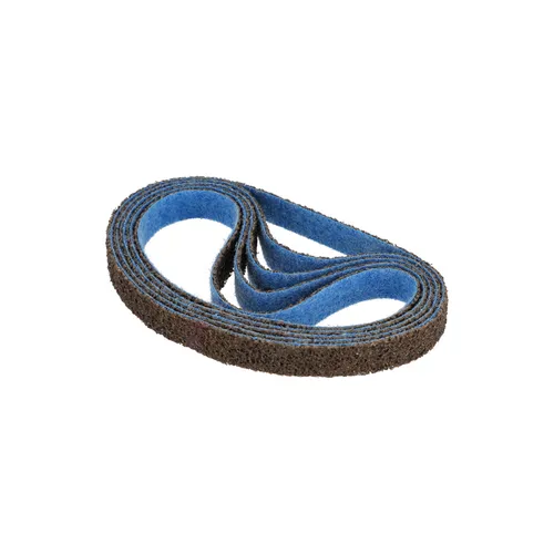 A blue and brown Mirka Conditioning Belt 20mm x 520mm, coiled in a loose oval, reveals its textured surface and layered edges against a white background.