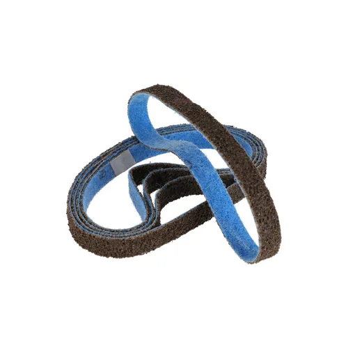 A blue Mirka Conditioning Belt 20mm x 520mm with a textured brown abrasive surface is shown looped in a loose, twisting shape against a white background.