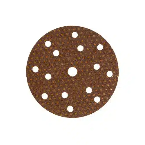 A round, brown Mirka Ultimax 150mm Grip sanding disc with 15 evenly spaced holes, shown from above, designed for use with power sanding tools.