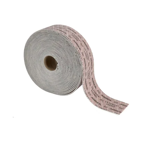 A roll of Mirka Ultimax Ligno Soft 115 x 125mm Perforated Roll (150pc) with a textured, patterned surface is partially unrolled on a white background. The flexible, perforated roll displays its grey colour accented with a pinkish design.