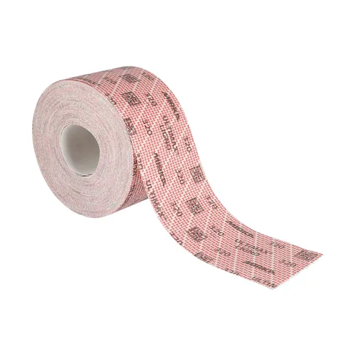 A partially unrolled Mirka Ultimax® Ligno 115mm x 50m Grip Sandpaper Roll, featuring red sandpaper with black graphics, is displayed on a white background. This roll is engineered for efficient and precise sanding tasks.