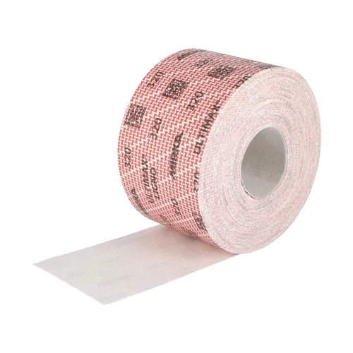 A roll of white adhesive tape with a red grid pattern and black text, partially unrolled, is shown on a white background—perfect for pairing with your Mirka Ultimax® Ligno 115mm x 50m Grip Sandpaper Roll to ensure precise and efficient sanding results.