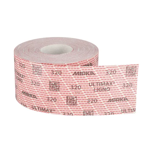 A partially unrolled Mirka Ultimax® Ligno 115mm x 50m Grip Sandpaper Roll, featuring a white and red patterned backing, reveals its gritty textured surface.