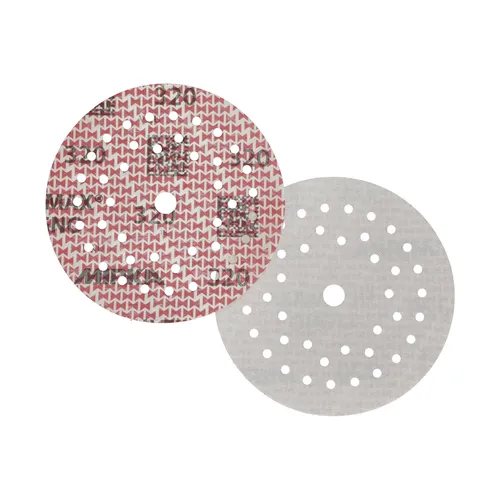 Two round sanding discs with multiple holes; the left disc is red with a geometric pattern, and the right disc is plain white. Both discs have a central hole and are slightly overlapping.