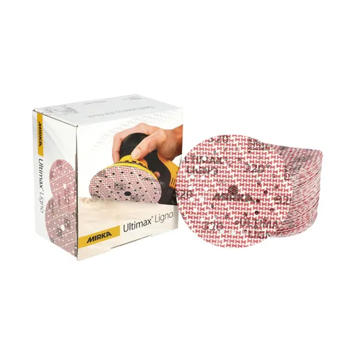A box of Mirka Ultimax Ligno sanding discs sits beside a stack of round, red-patterned sanding discs. The box displays an image of a hand operating a sander on wood.