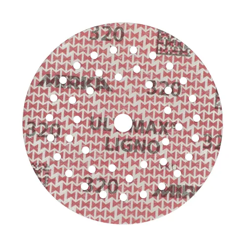 A round sanding disc with multiple small holes, a central hole, and a pink and white chevron pattern.