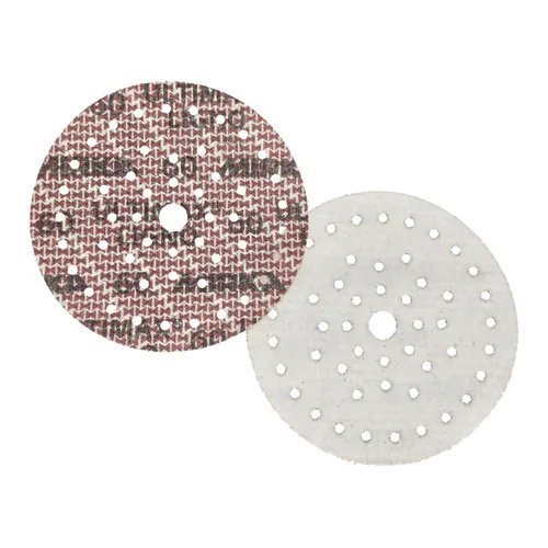 Two round sanding discs with many small holes, one maroon and textured and the other white and smoother, both featuring a central hole, overlap on a white background.