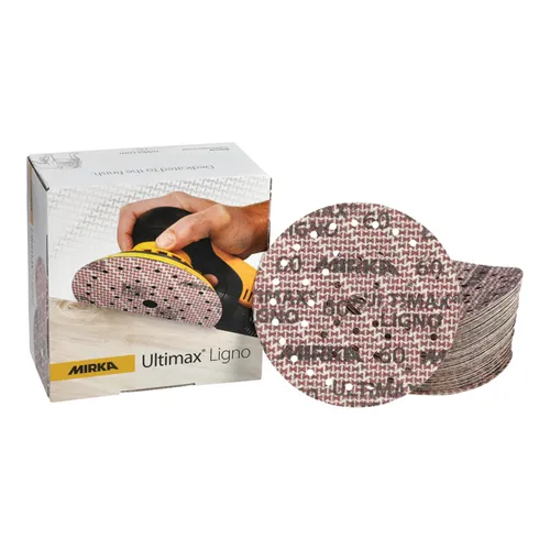 A stack of round Mirka Ultimax Ligno sanding discs is next to the product box, which shows an image of a hand using the disc on a sander.