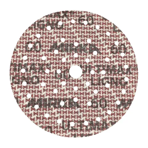 A round, maroon sandpaper disc with multiple small holes and a central hole.