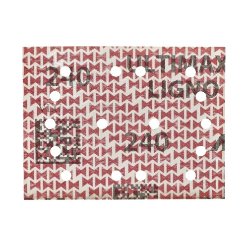The Mirka Ultimax Ligno 75x100 mm Grip Multifit (50pc) features rectangular sandpaper sheets with a red and white pattern and multiple round holes for optimal dust extraction. Part of the Mirka Ultimax Ligno range, these sheets deliver reliable performance for precise sanding tasks.