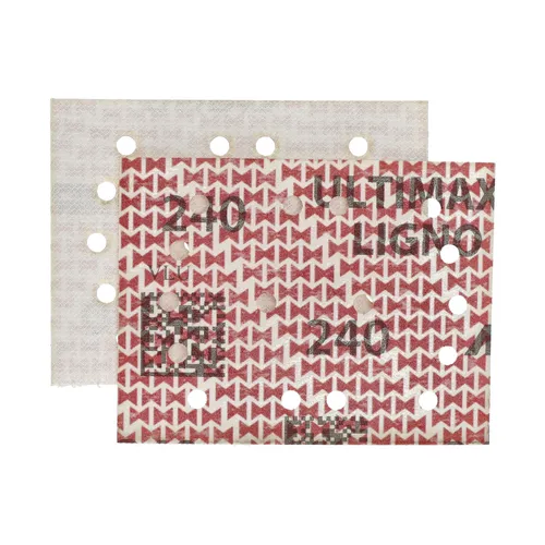 Two rectangular sheets of Mirka Ultimax Ligno 75x100 mm Grip Multifit sanding paper, featuring vintage-inspired red geometric patterns and black text. Each sheet is precision-punched with a grid of holes in the signature Ultimax Ligno style, with perfectly aligned Multifit perforations—one piece is partially transparent, showcasing the alignment and grip layout characteristic of Mirka’s 75x100 mm design.