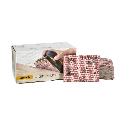 A box of Mirka Ultimax Ligno 75x100 mm Grip Multifit (50pc) sanding sheets is pictured next to a stack of the sheets, with a hand operating a sanding tool in the background. These sanding sheets feature Grip Multifit backing and showcase a unique red and white patterned design.