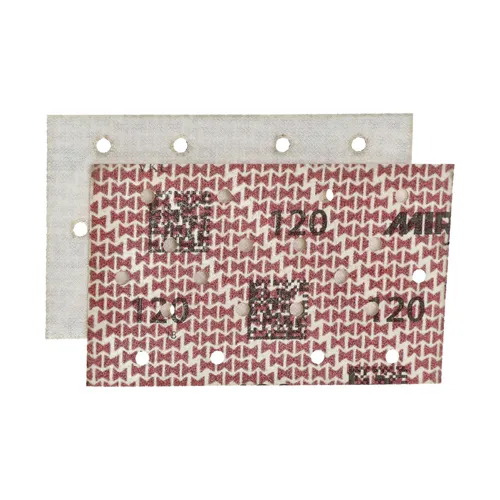 Two rectangular sanding sheets with multiple holes and a red and white patterned surface, stacked with one slightly overlapping the other.