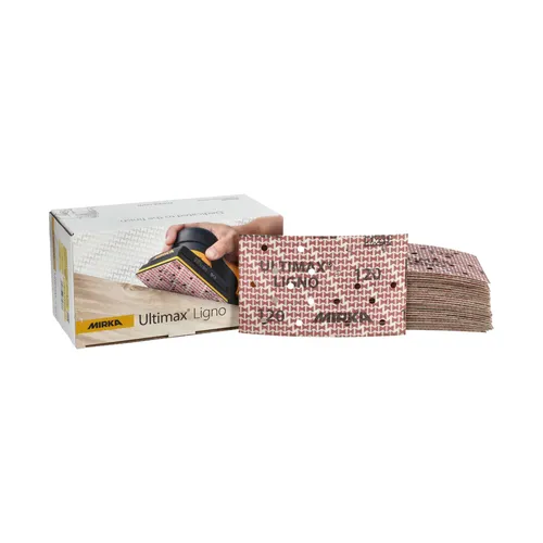 A box of Mirka Ultimax Ligno sanding sheets is displayed beside a stack of individual sheets. The box features an image of a hand using a sanding block.