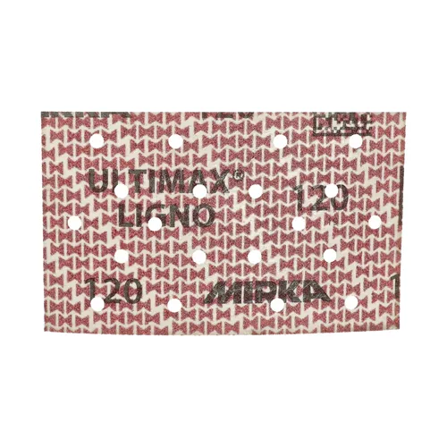 Rectangular sheet of sandpaper with a red geometric pattern and multiple round holes.