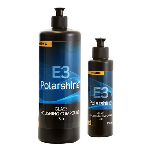 Two black bottles of Mirka E3 Polarshine Glass Polishing Compound with blue and white labels, one larger and one smaller, standing upright against a white background.