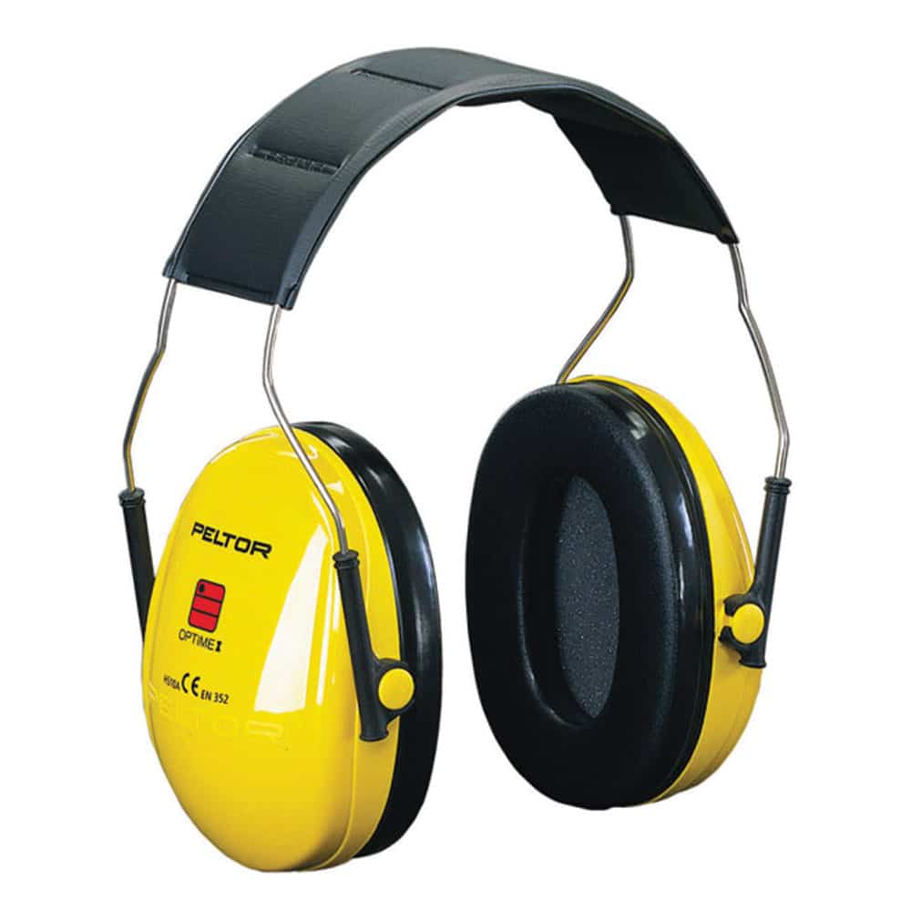 Yellow and black over-ear earmuffs with a padded headband and foam ear cushions, designed for hearing protection.