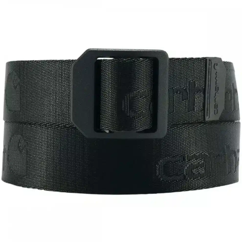 The Carhartt A0005768 Nylon Webbing Ladder Lock Belt Black is a durable black belt with a rectangular black buckle, shown rolled up neatly.
