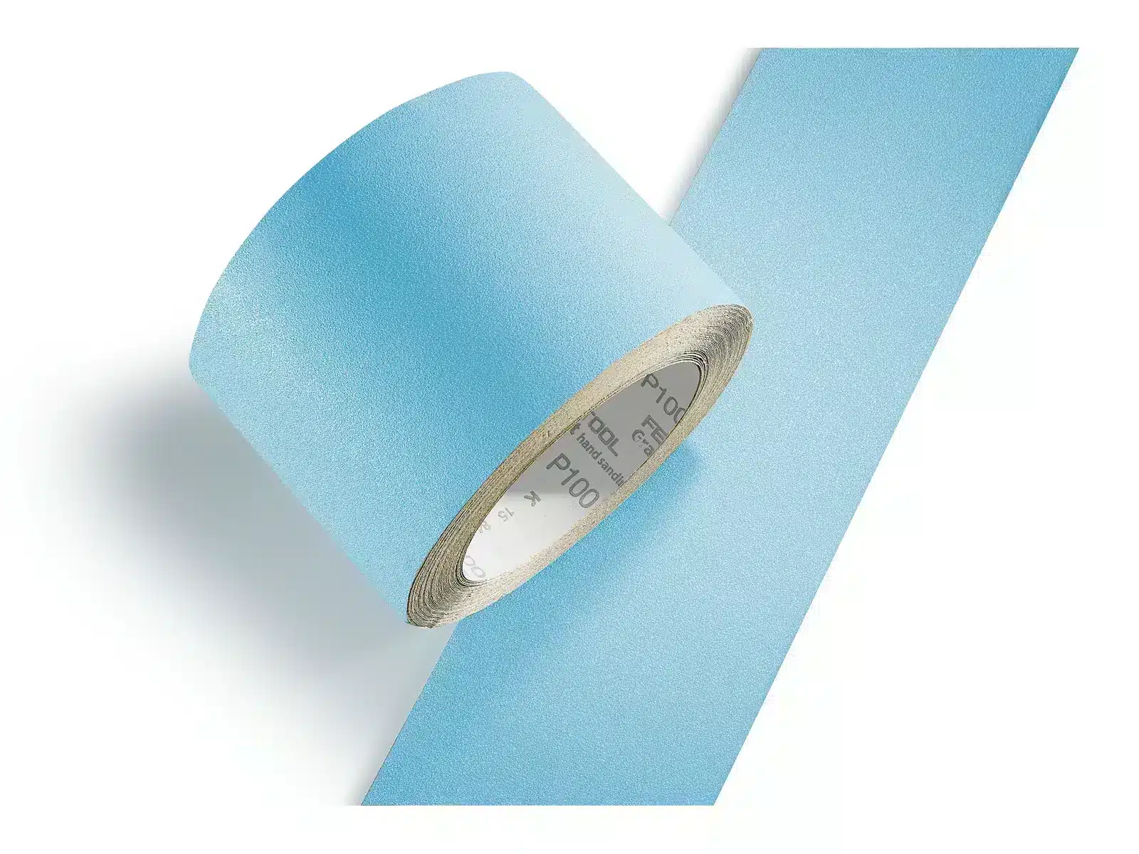 A partially unrolled Festool 201105 Abrasive Roll 115x25mtr in light blue displays its textured surface. The product is set against a white background with soft shadows.