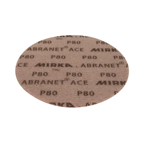 A round, brown Mirka Abranet ACE 225mm Grip sanding disc is shown from above on a white background. The Mirka Abranet ACE 225mm Grip (25/Pack) is designed for efficient and dust-free performance.