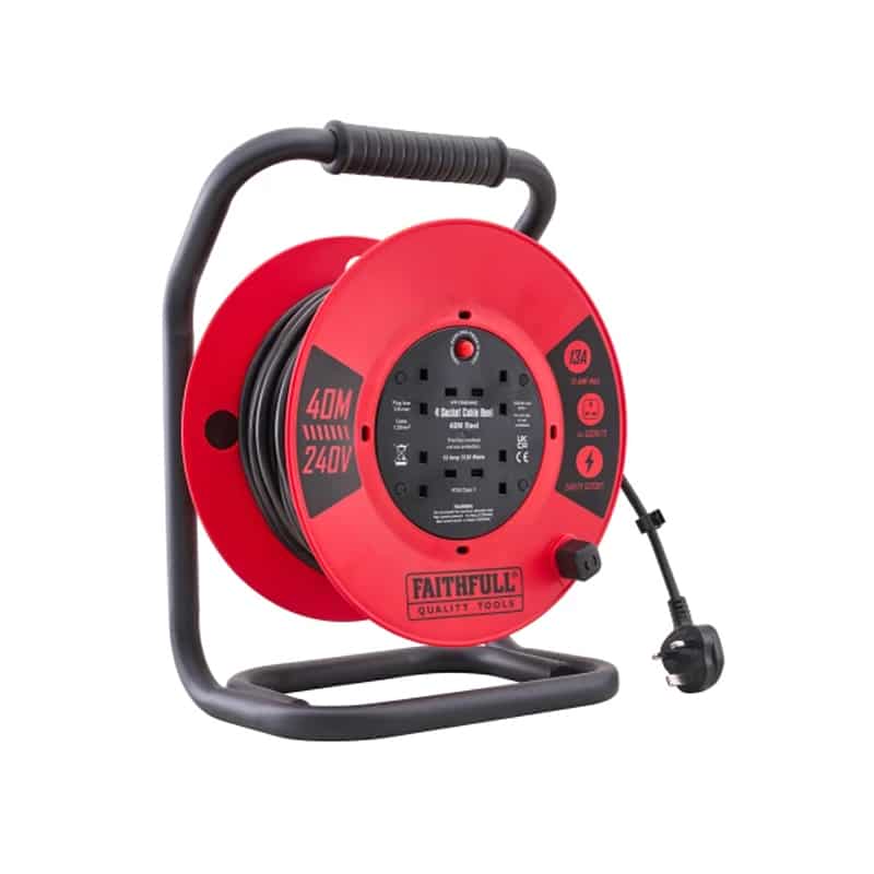 Red and black 40-metre, 240-volt cable reel with handle, mounted on a black metal frame. An attached UK plug is hanging to the side.