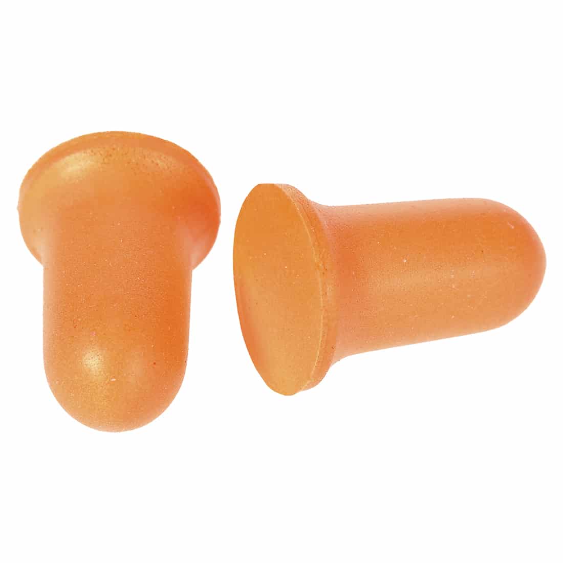 Two EP06 - Bell Comfort PU Foam Earplugs in orange, each featuring an SNR 37 rating and made from PU foam, are displayed—one standing upright whilst the other lies on its side—isolated against a white background.