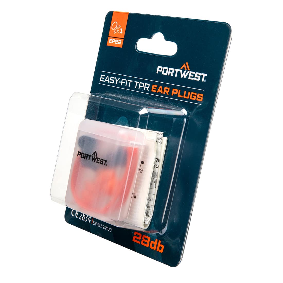 A box of Portwest EP06 Bell Comfort PU Foam Earplugs contains 200 individually wrapped pairs of orange earplugs, offering a high SNR of 37 for effective noise protection. The comfortable foam design makes them suitable for various environments, and the packaging features clear identification with blue and orange accents.