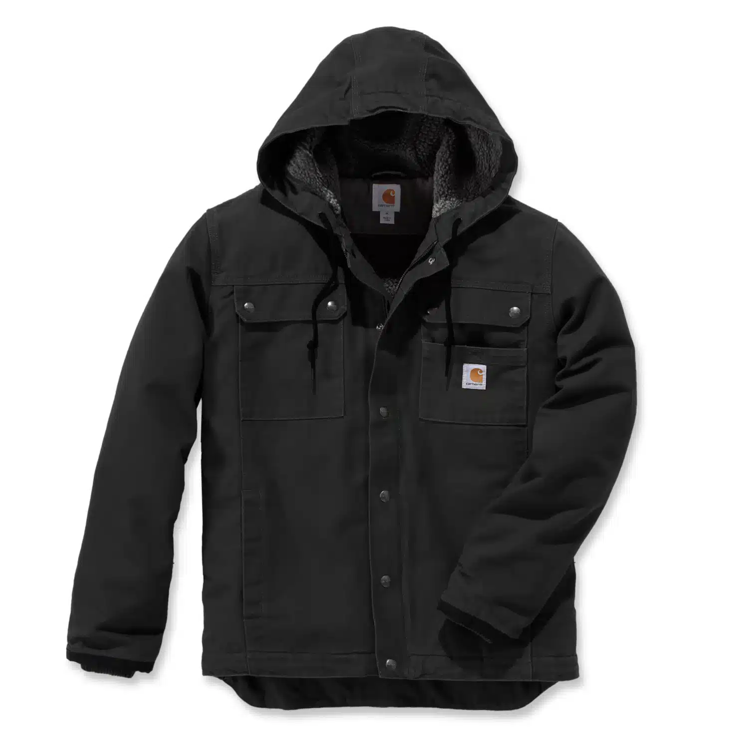 The Carhartt OJ3826 M Relaxed Fit Lined Utility Jacket in Black features a hood, front button fastening, two chest pockets, two side pockets, and a small Carhartt logo patch on the left chest pocket. With its soft and warm lining, this jacket offers a relaxed fit that combines comfort and durability—perfect for work or everyday wear.