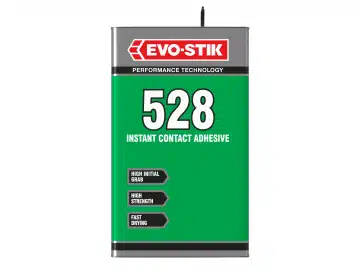 A rectangular 5 Litre tin of EVO-STIK 528 Instant Contact Adhesive with a green label and a black cap on top.