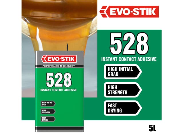 EVO-STIK 528 Instant Contact Adhesive 5 Litre delivers a powerful initial grab, outstanding strength, and rapid drying for efficient bonding applications. As a dependable contact adhesive, it’s ideal for projects requiring fast and durable results. The product image appears with the official EVO-STIK logo.