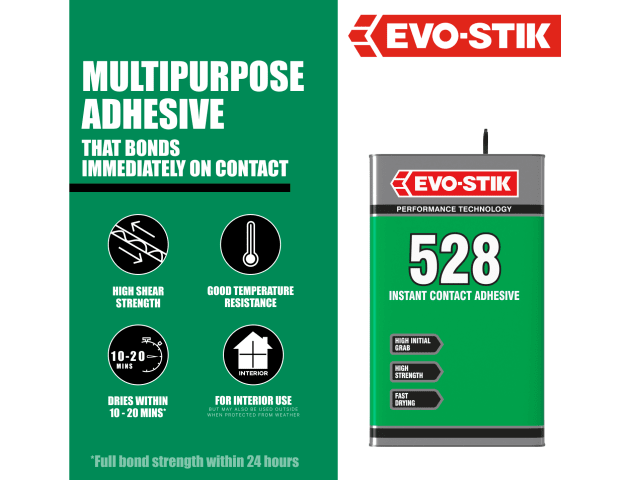 A 5 Litre tin of EVO-STIK 528 Instant Contact Adhesive is displayed in green. The top features the EVO-STIK logo.
