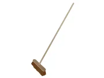 The Faithfull Broom Soft Coco 900mm (36in) + Handle & Stay, with brown bristles and a long handle, is placed diagonally on a white background.