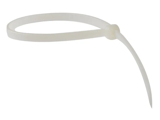 A single white plastic cable tie, partially fastened with its pointed end threaded through the locking mechanism.