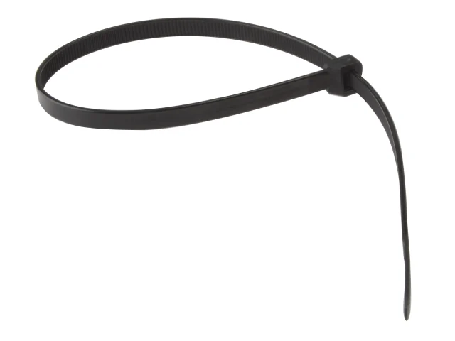 A close-up of a black plastic cable tie, partially fastened into a loop and isolated on a white background.