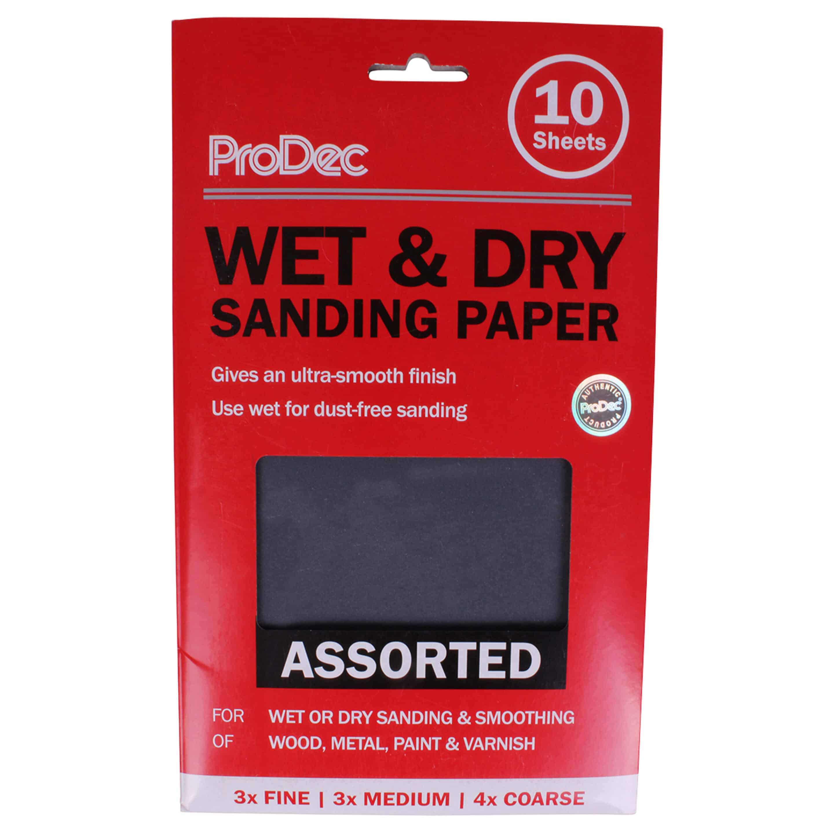A red pack of ProDec 10 pk Assorted Grits Wet and Dry contains 10 assorted sheets—3 fine, 3 medium, and 4 coarse—designed for sanding wood, metal, paint, and varnish.